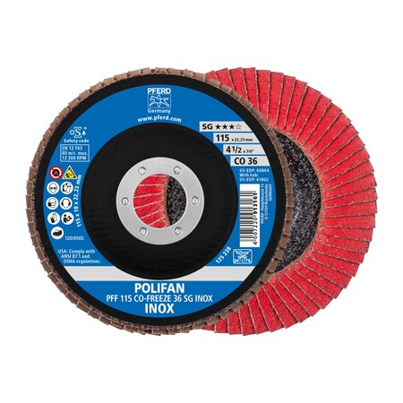 4-1/2 X 7/8 A.H. POLIFAN Flap Disc - CO-FREEZE SG INOX, Ceramic Oxide, 36 Grit, Flat 10PK